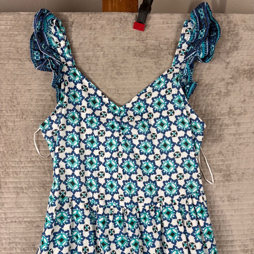 Lucky Brand Blue Medallion Print Cotton Maxi Dress Ruffle Sleeve Smocked Back L